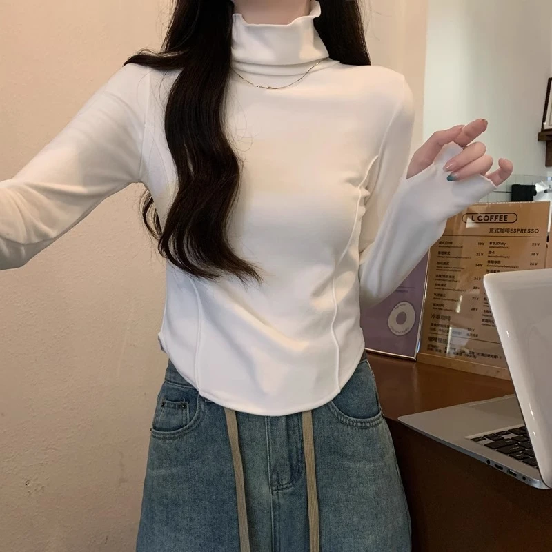 德绒高领内搭保暖长袖打底衫女秋冬新款不规则别致收腰修身上衣服