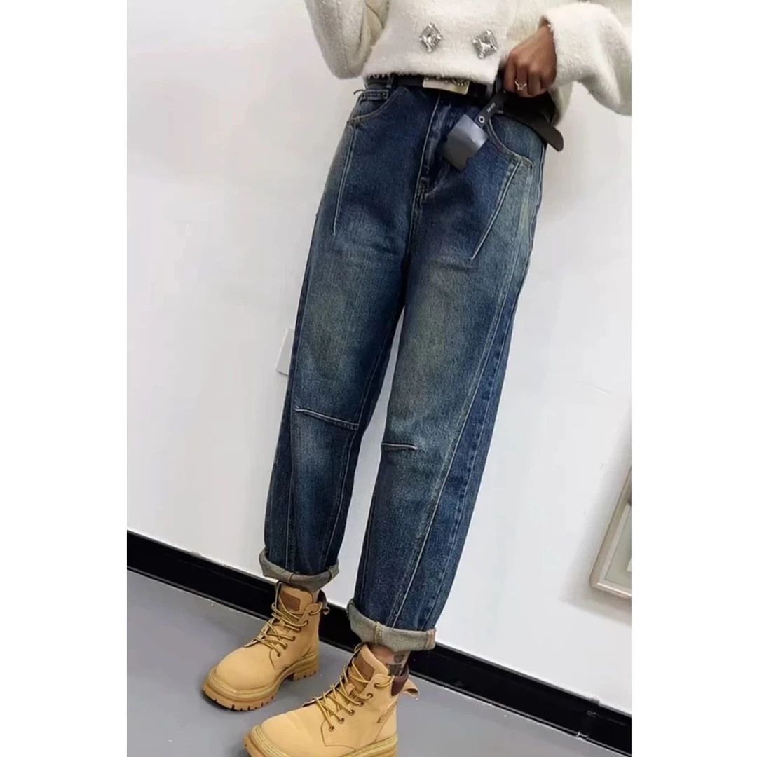水洗蓝男友裤2025春季新款牛仔裤女装宽松弹力拼接设计九分哈伦裤