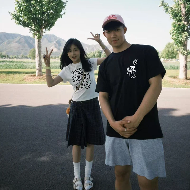 不一样特别的高质量情侣装2025新款夏季短袖一长一短正肩修身t恤