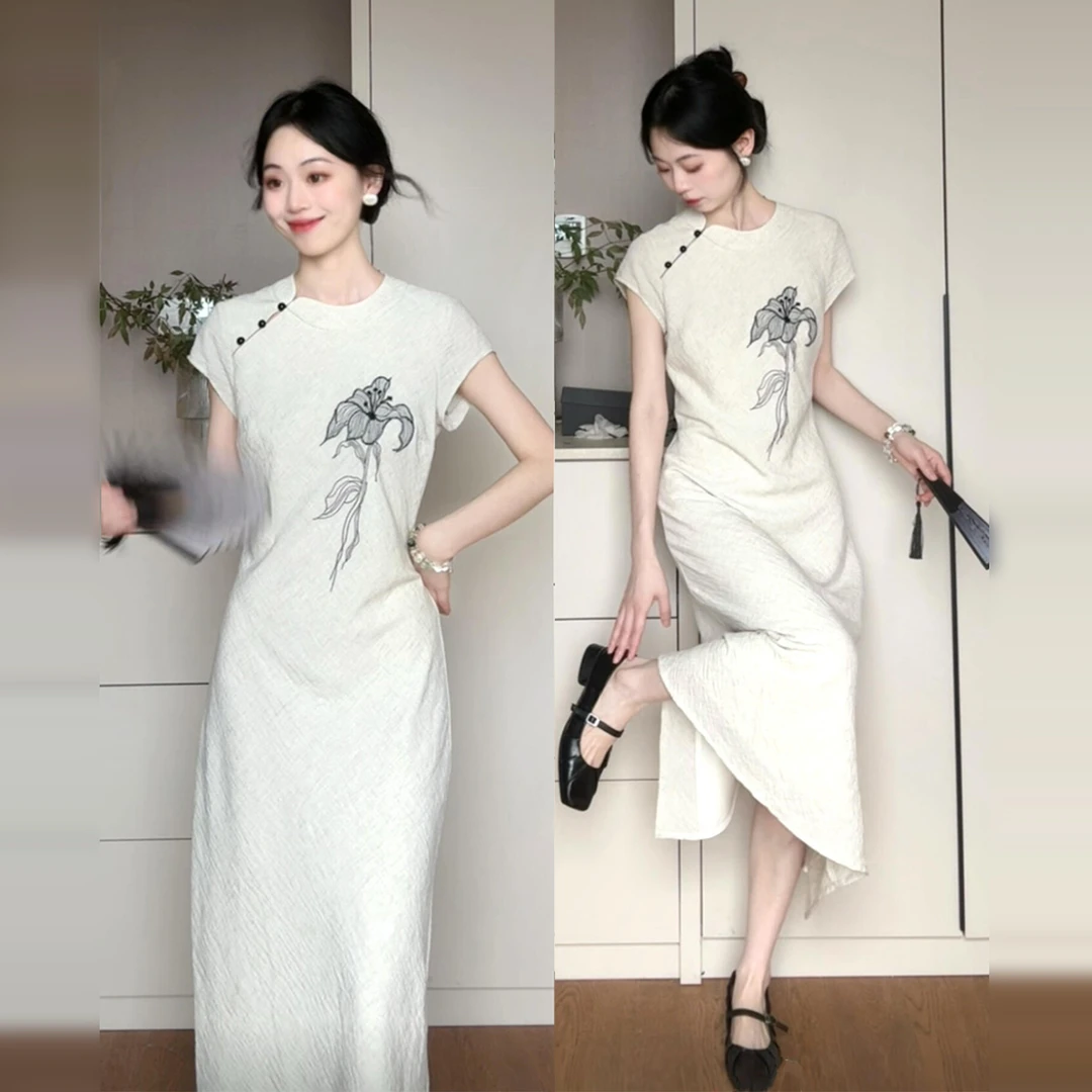 夏季显瘦气质收腰长裙新中式国风印花改良法式时尚连衣裙子女5745