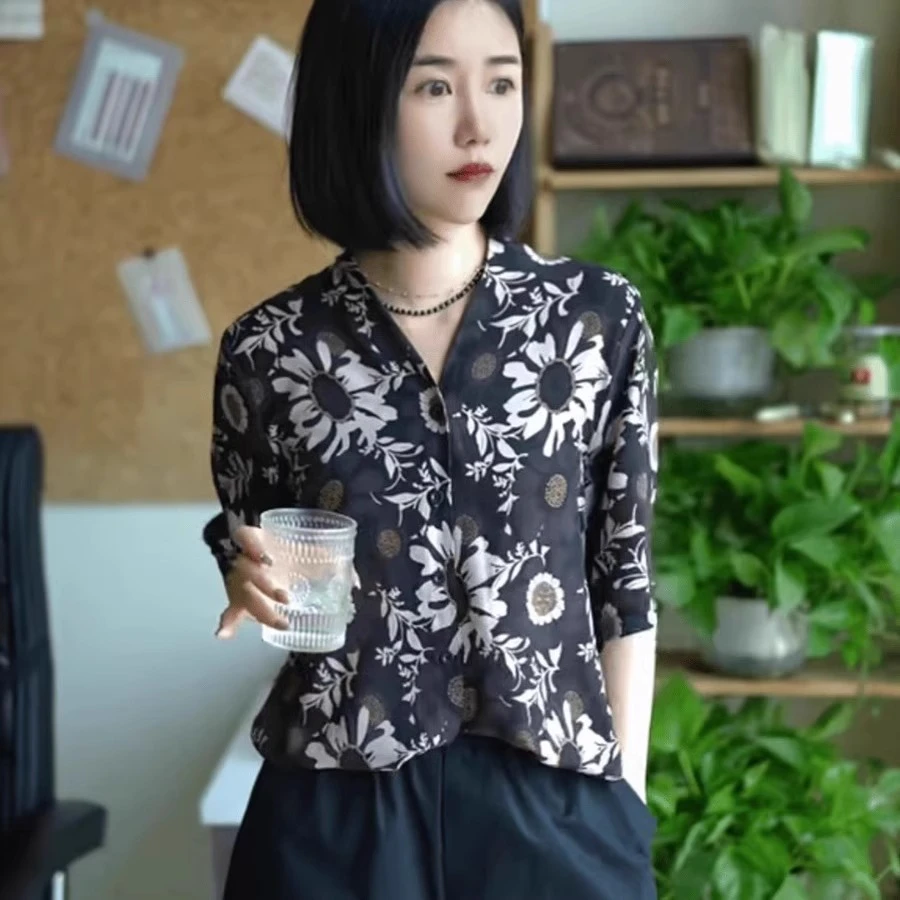 法式碎花印花雪纺衬衫女2025新款夏季薄款五分袖韩版防晒开衫上衣