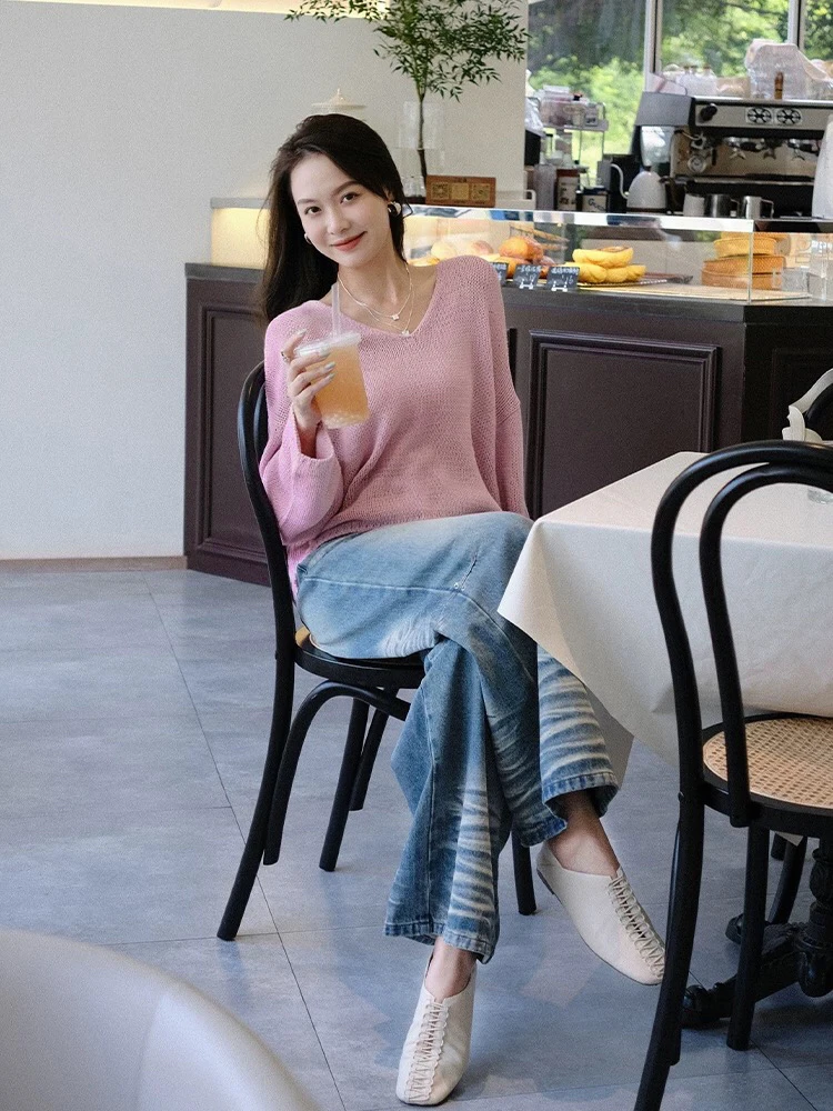 复古法式v领赫本慵懒初秋上衣针织衫薄粉色独特超好看羊毛女