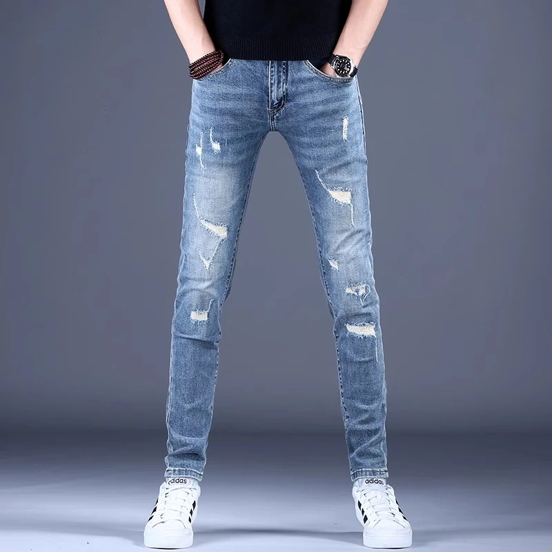 【JJ】破洞牛仔裤男弹力潮牌修身小直筒复古时尚男士潮流休闲九分裤