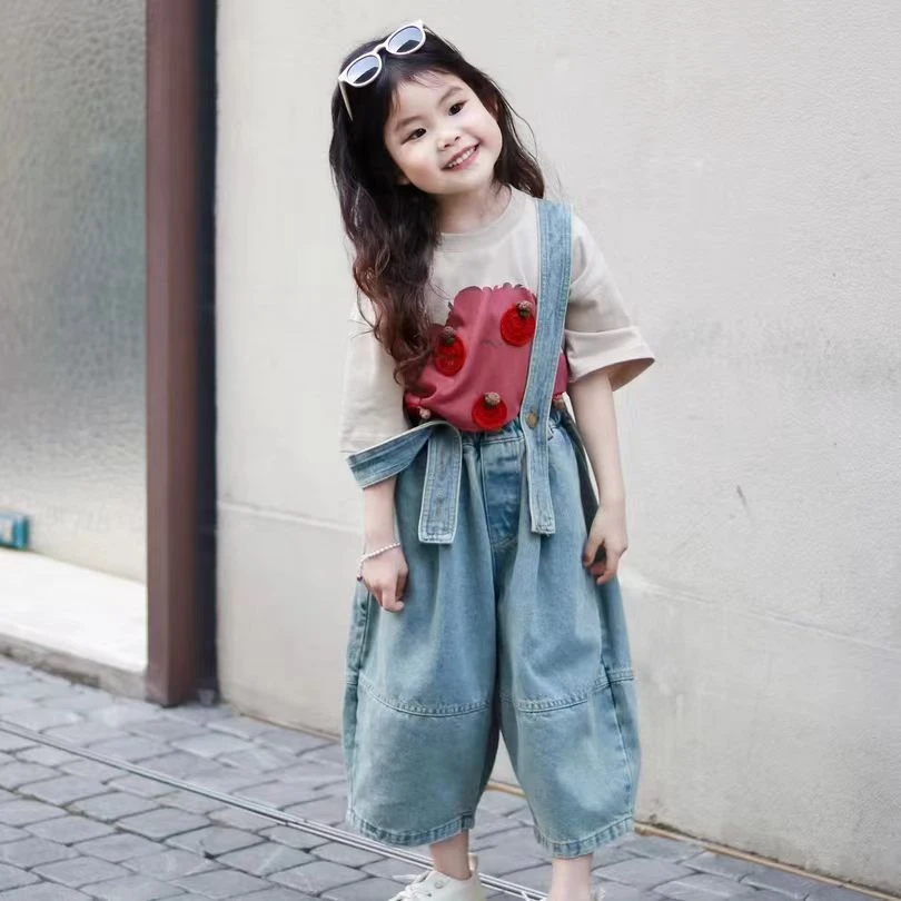 女童夏季套装女童牛仔裤短袖2025夏季新款洋气复古做旧百搭背带裤