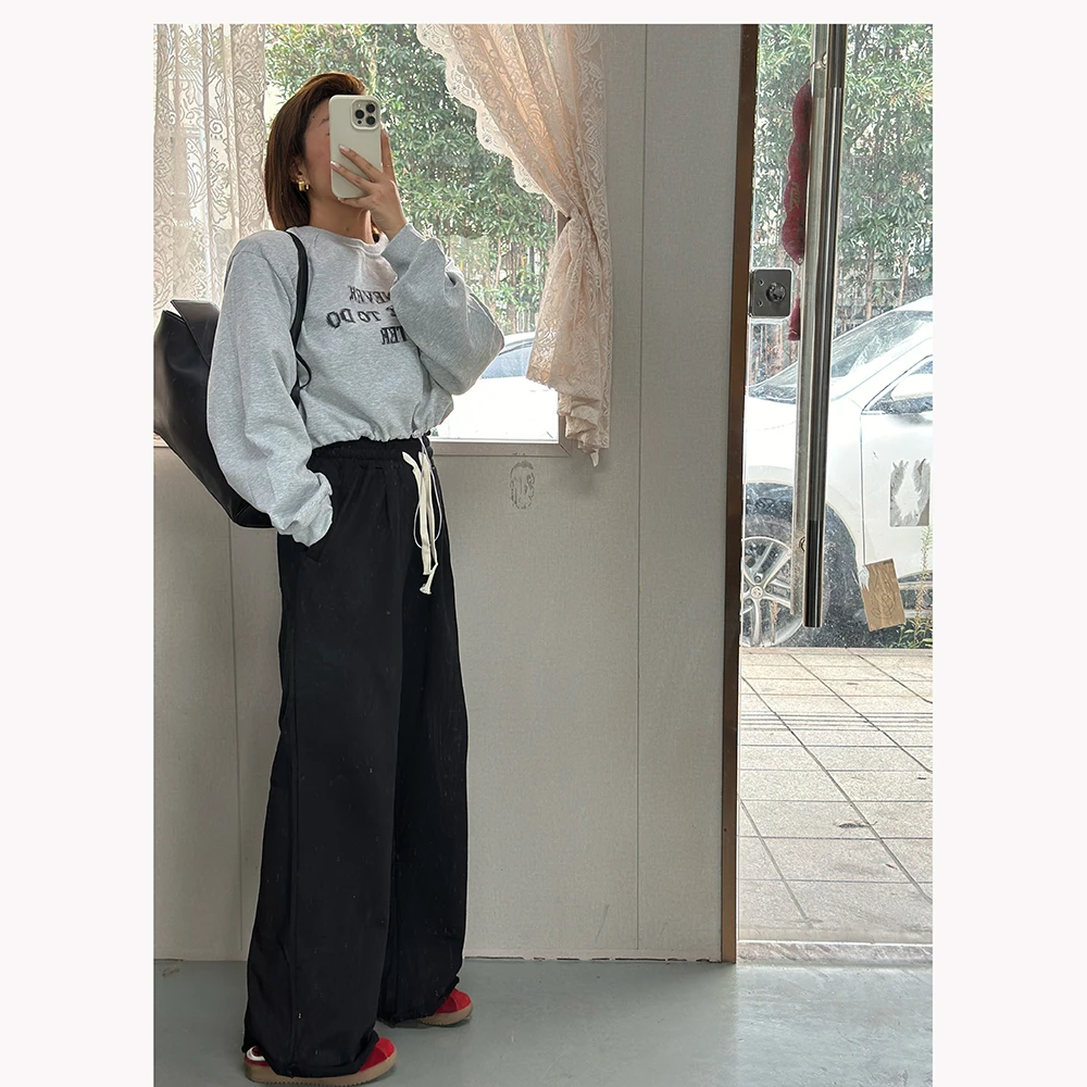 23775秋季新款女士宽松松紧腰直筒休闲长裤