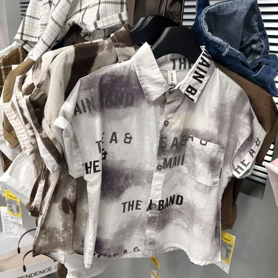 短袖夏季韩版翻领尖领字母男衬衫扎染上衣欧若新中式