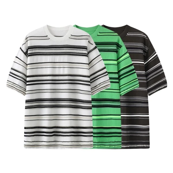 2025夏季新款时尚宽松休闲条纹圆领短袖