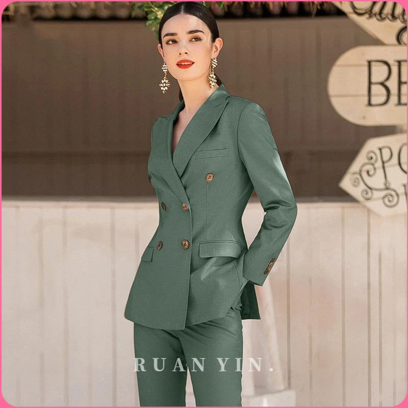 RUAN YIN绿色西装两件套装高级感夏季休闲西服外套气质职业正装高