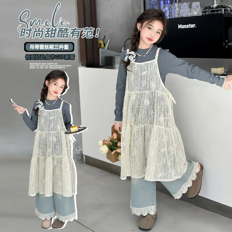 母女装 女童亲子同款25年春季新品连衣裙花边牛仔裤三件套宽松