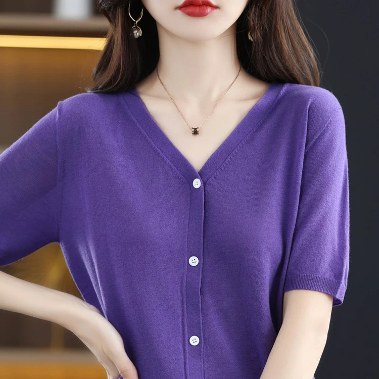精纺羊毛V领短袖开衫女士薄款