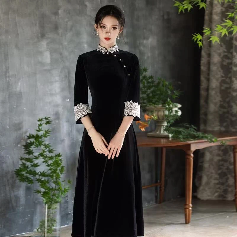 江南春【墨染】秋款新中式文艺少女A版高端丝绒日常旗袍奢华气质