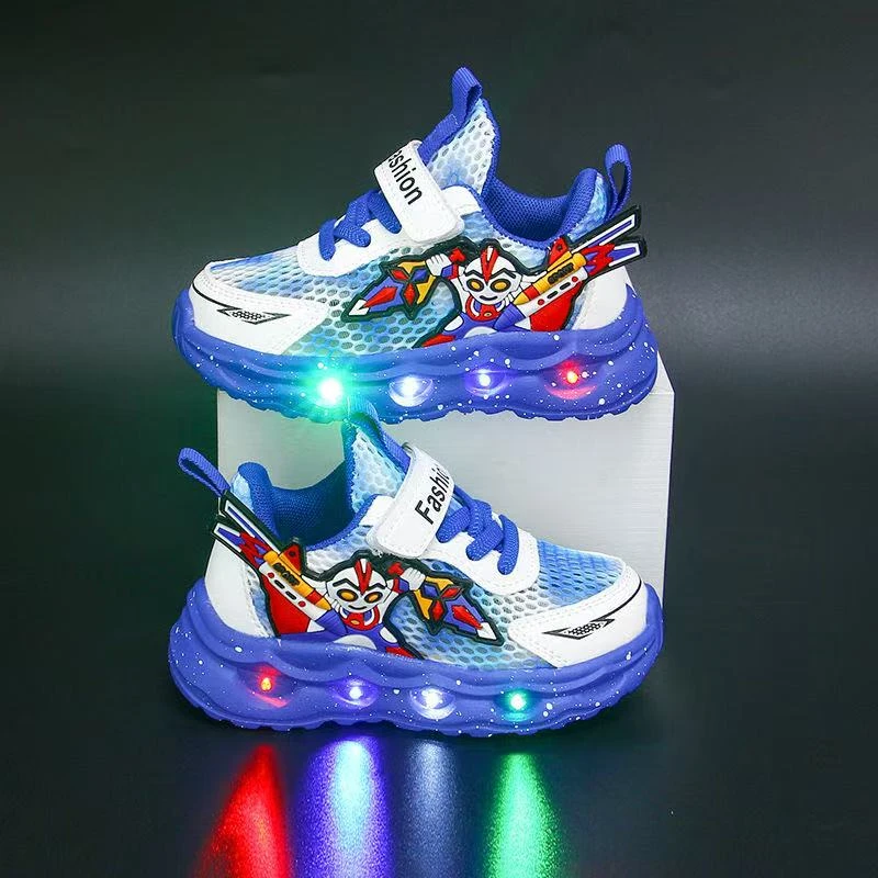 儿童运动鞋夏季单网奥特曼亮灯运动鞋男童鞋子防滑软底小童跑步鞋