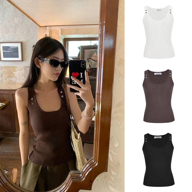 Moses Queen/魔西女王纯欲复古辣妹吊带背心显瘦U领针织无袖上衣