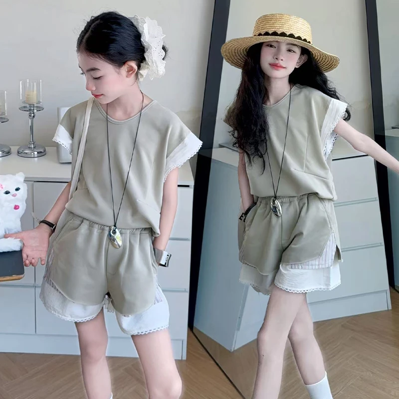 女童无袖套装2025夏季新款时尚潮假两件儿童夏装韩系宽松大童休闲