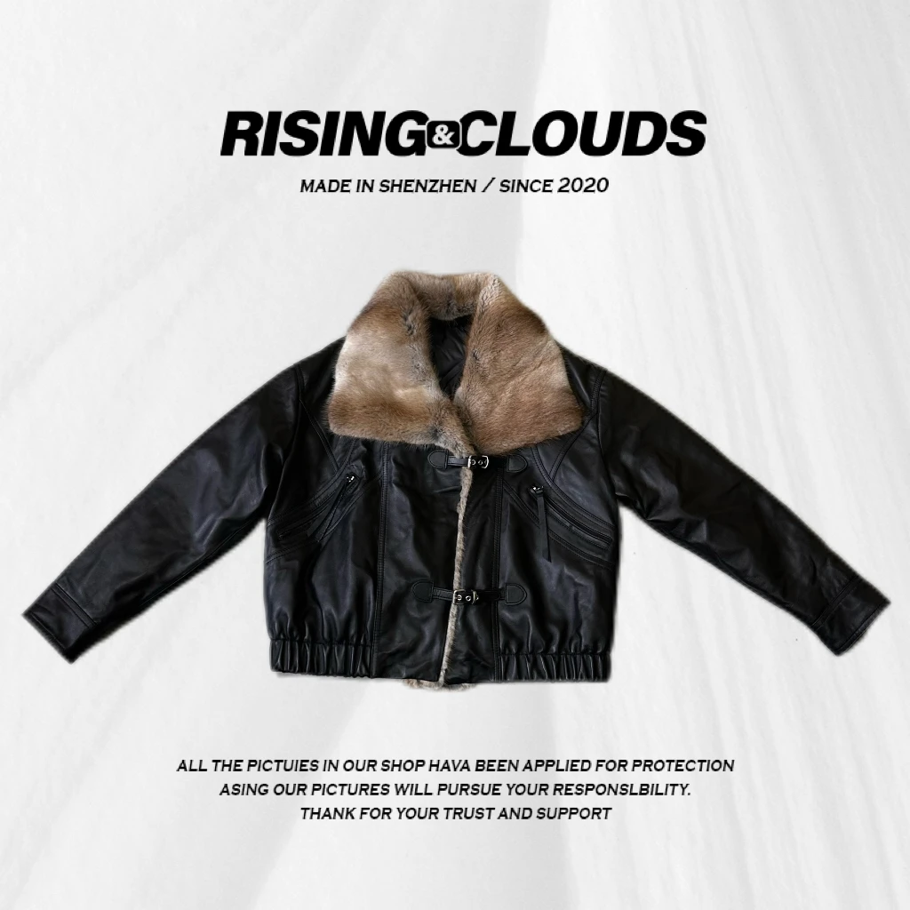 RISING&CLOUDS【小云姐】冬季保暖时尚青根雕绵羊皮毛羽绒服110112