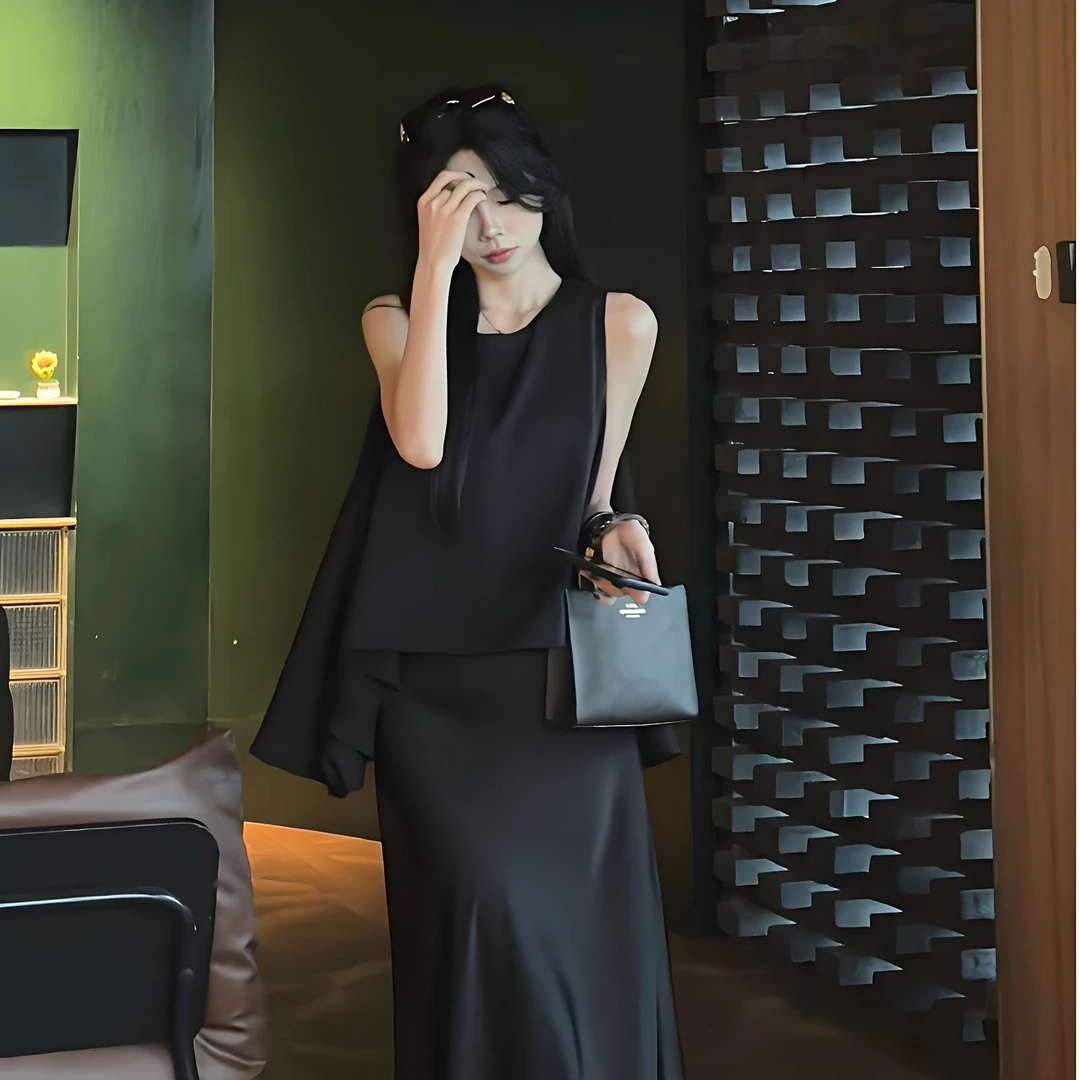 2025法式套装女夏季新款通勤山本风燕尾冰凉宽松背心半身鱼尾裙