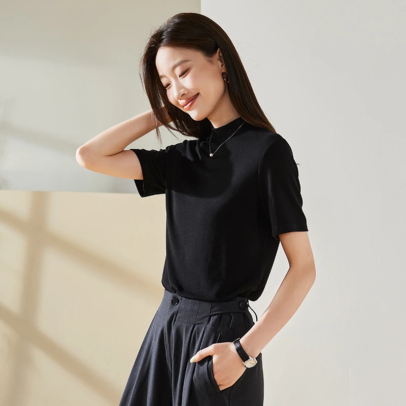索菲丝尔含羊毛半高领短袖t恤女2025秋季时尚纯色打底衫537012