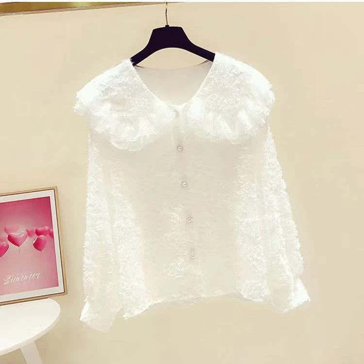 2024秋冬新款韩版时尚加大码蕾丝边大翻领寸衫女休闲百搭衬衣潮