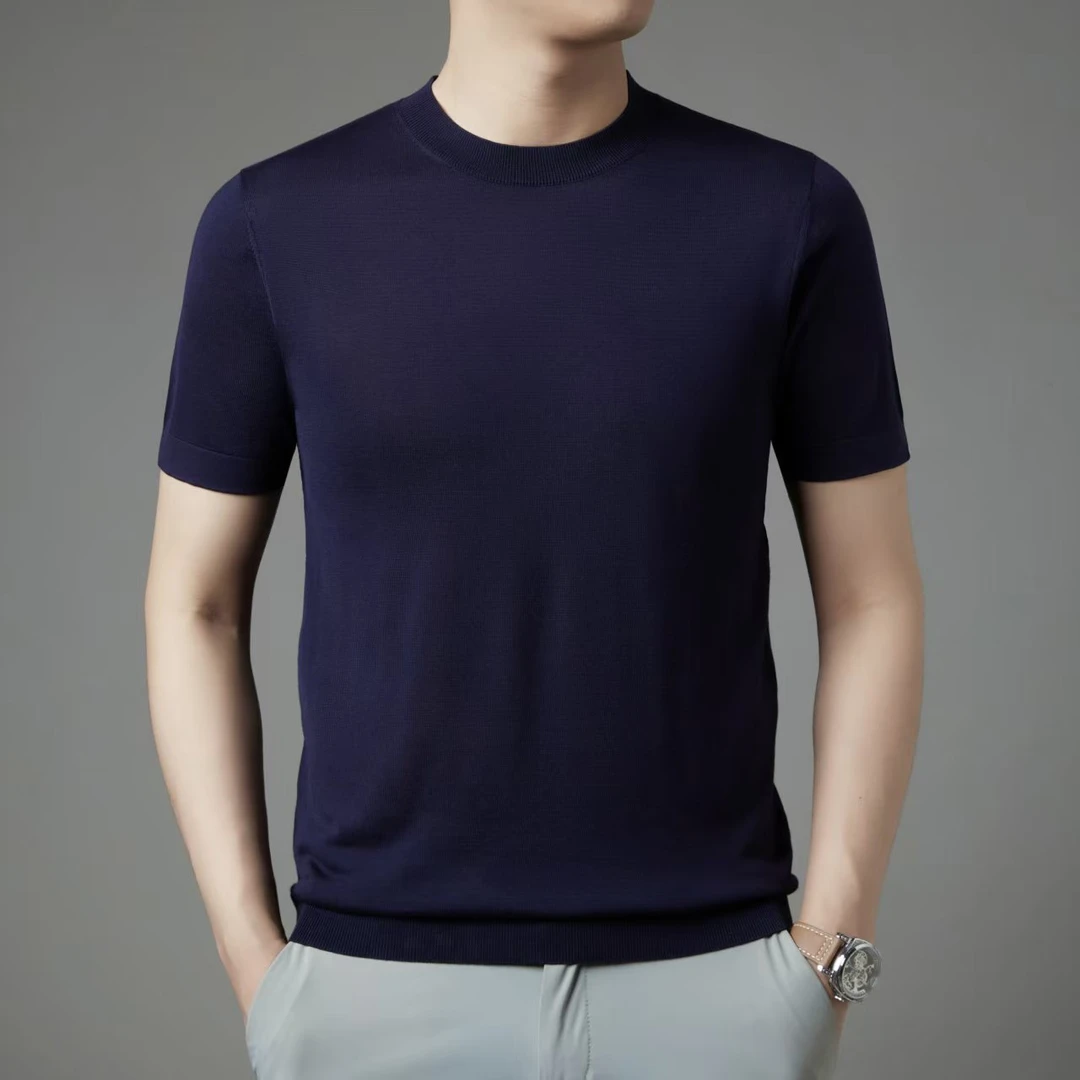 YAYUN精纺桑蚕丝天丝夏季新款轻奢高级商务男士针织纯色短袖Y2601