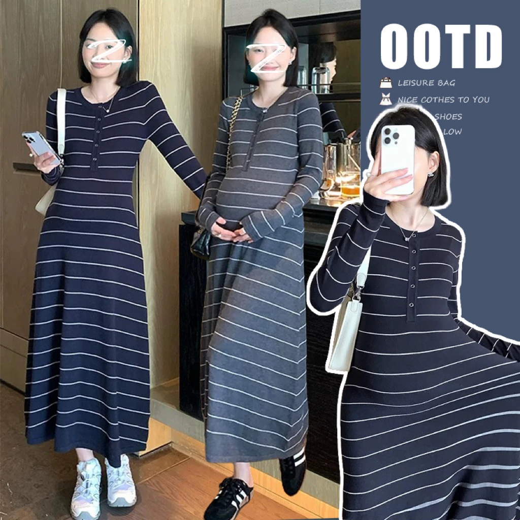 时尚秋季孕妇装2025新款爆款极简风修身百搭休闲条纹长袖连衣裙女