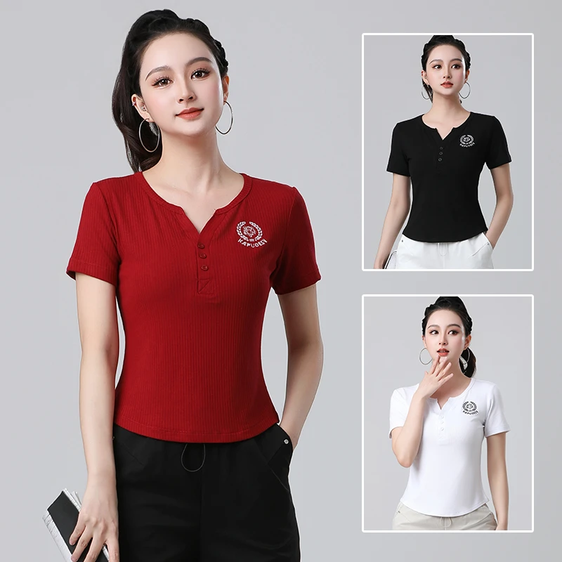 小个子运动T恤女款短袖夏季薄款时尚显瘦V领上衣团队舞蹈服健身衣