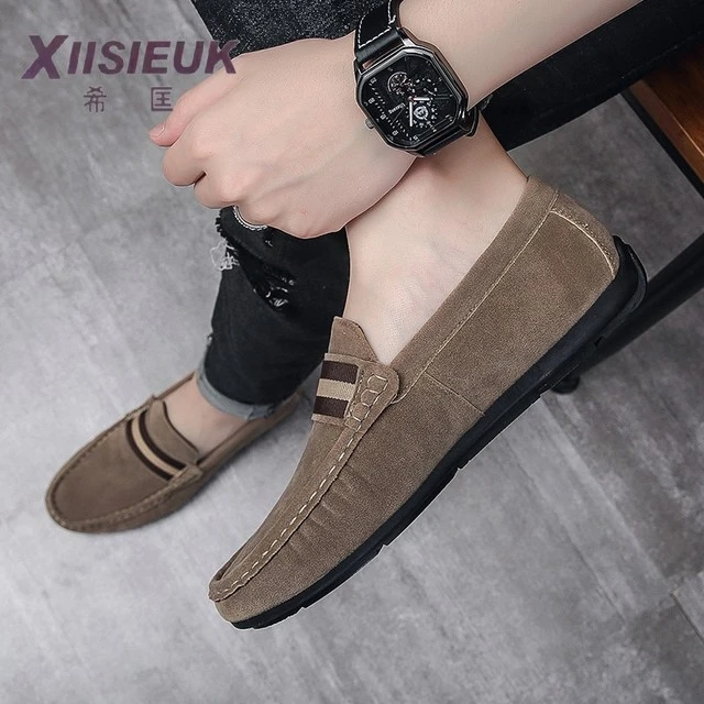 卡其色个性复古豆豆鞋男懒人无鞋带薄底一脚蹬皮鞋发型师痘痘潮鞋