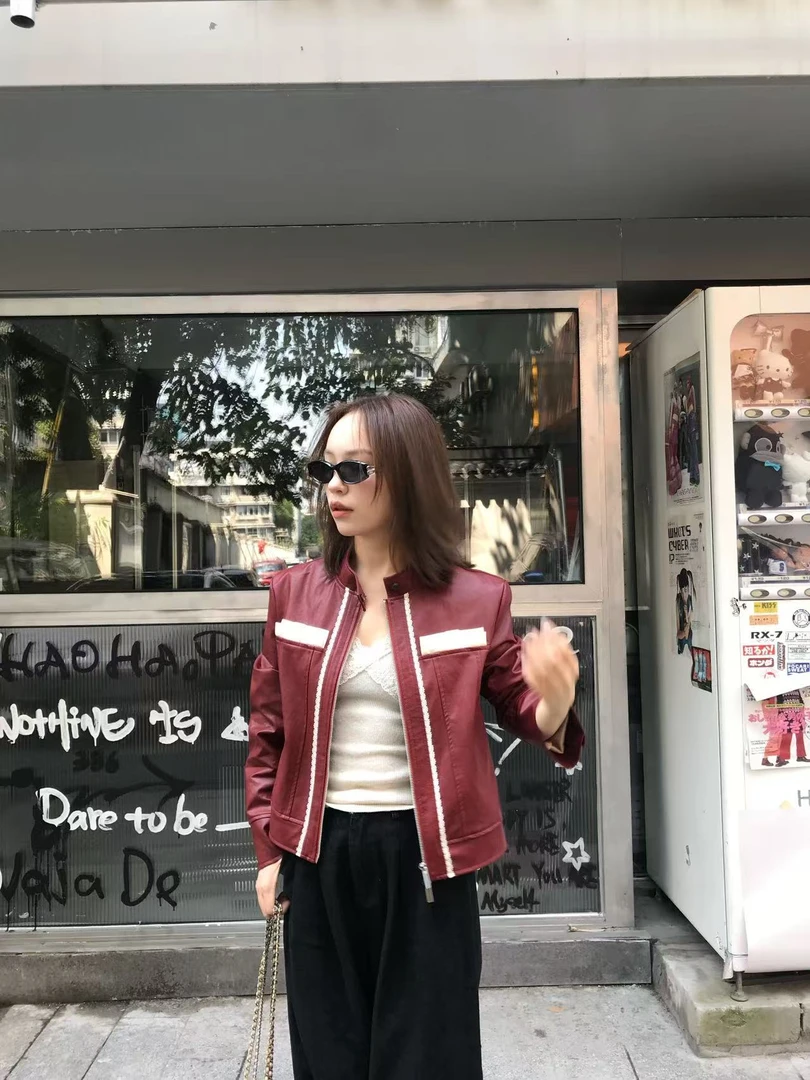 YOUERDENG 老板娘 复古红皮衣外套