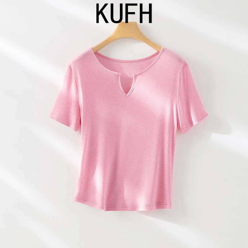 KUFH2025夏季新款轻熟风短袖小V领莱赛尔超薄简约百搭短袖KYY8205