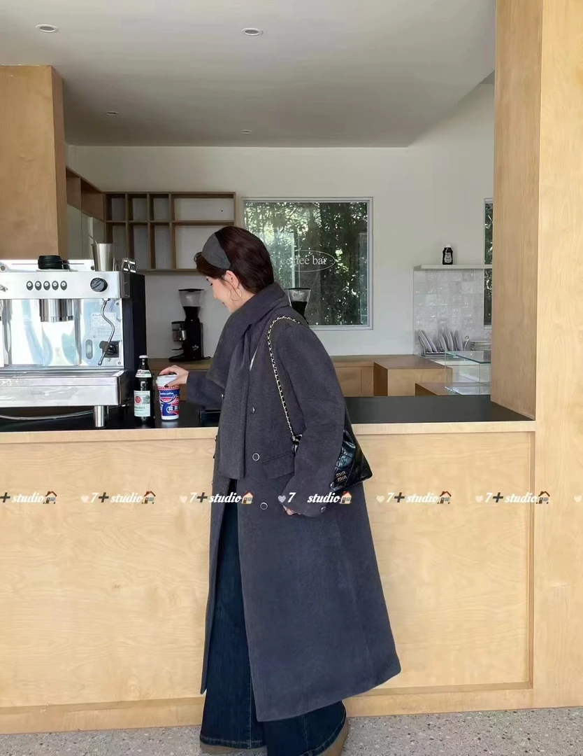 新款长款呢大衣温柔风围巾设计显瘦毛呢外套