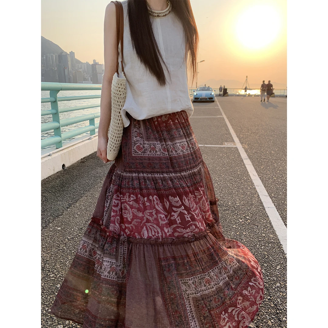 夏诗文 雪纺皱数码印花拼接半身裙女夏宽松A字蛋糕裙