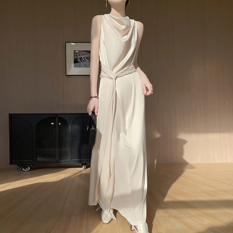 进口三醋酸连衣裙荡领复古无袖背心裙修身宴会婚礼气质轻奢夏季