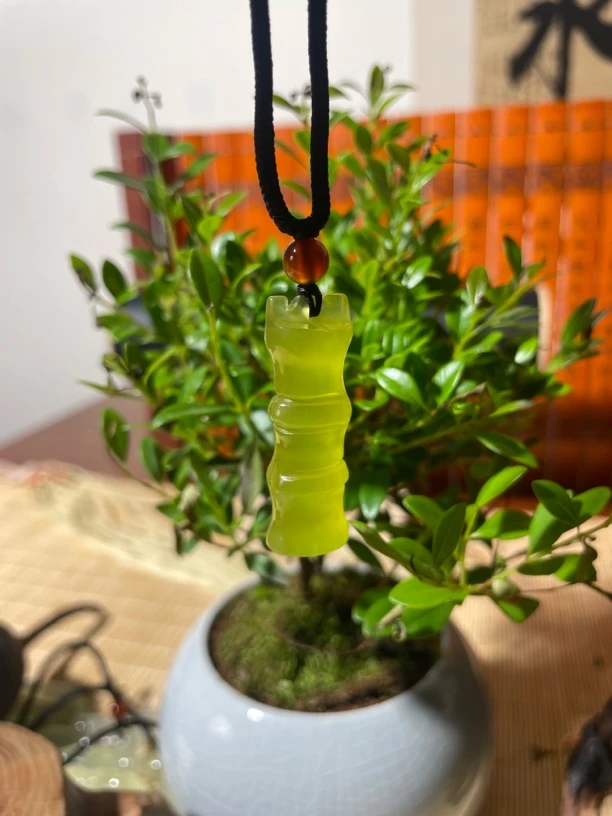【竹节】天然岫玉纯手工黄金玉吊坠