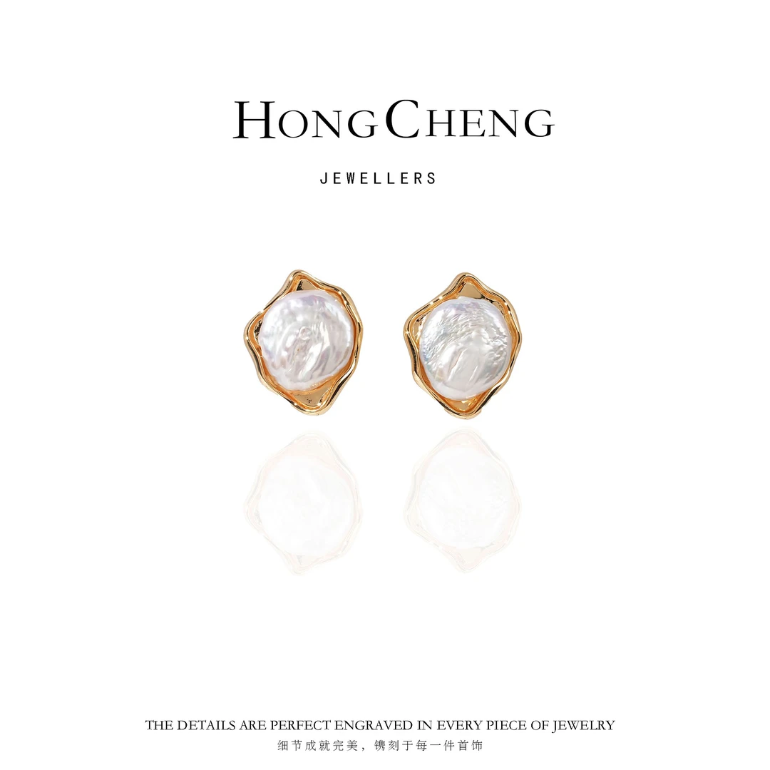 天然珍珠巴洛克设计师925银针耳钉NL7464-332