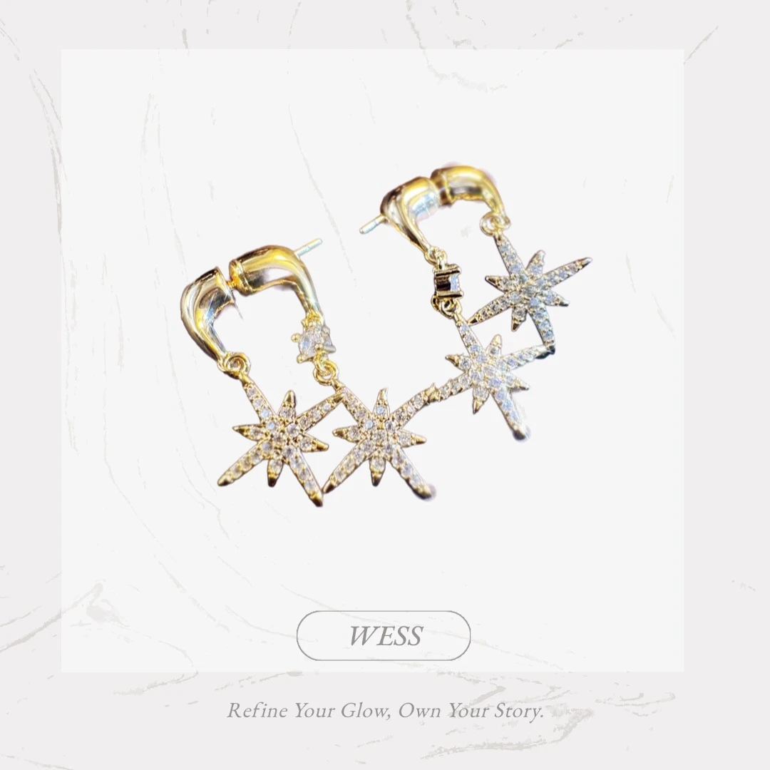 铜合金锆石耳饰 WESS 爆闪满钻八芒星耳环轻奢个性气质款层次感