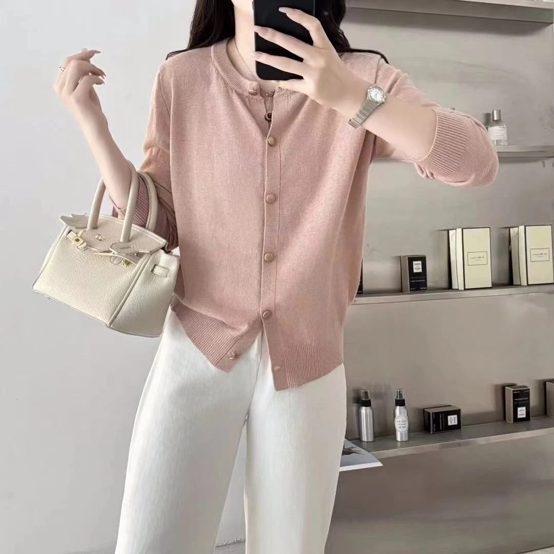 《妞妞》薄款针织衫开衫新款宽松百搭显瘦072051-粉色