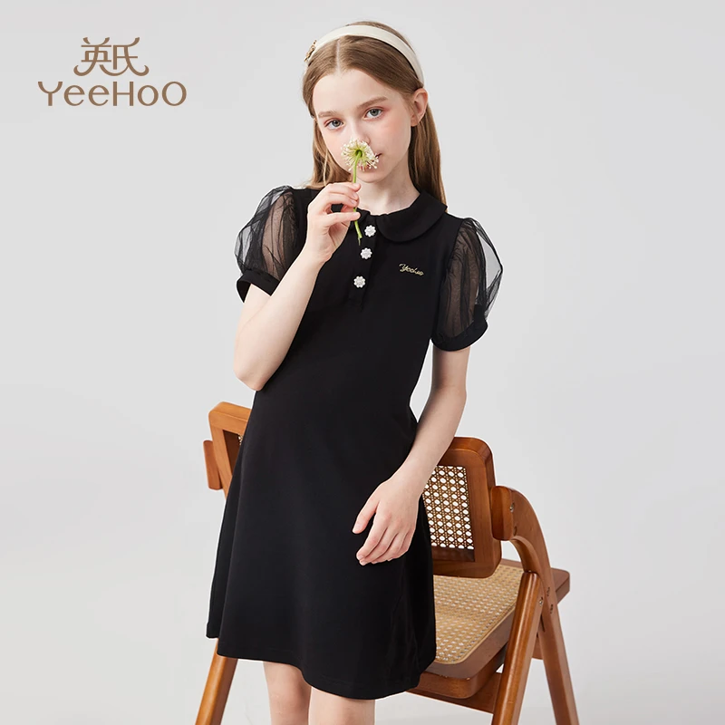 英氏【泡泡袖连衣裙】百搭女童裙子夏季儿童裙子女童连衣裙童装