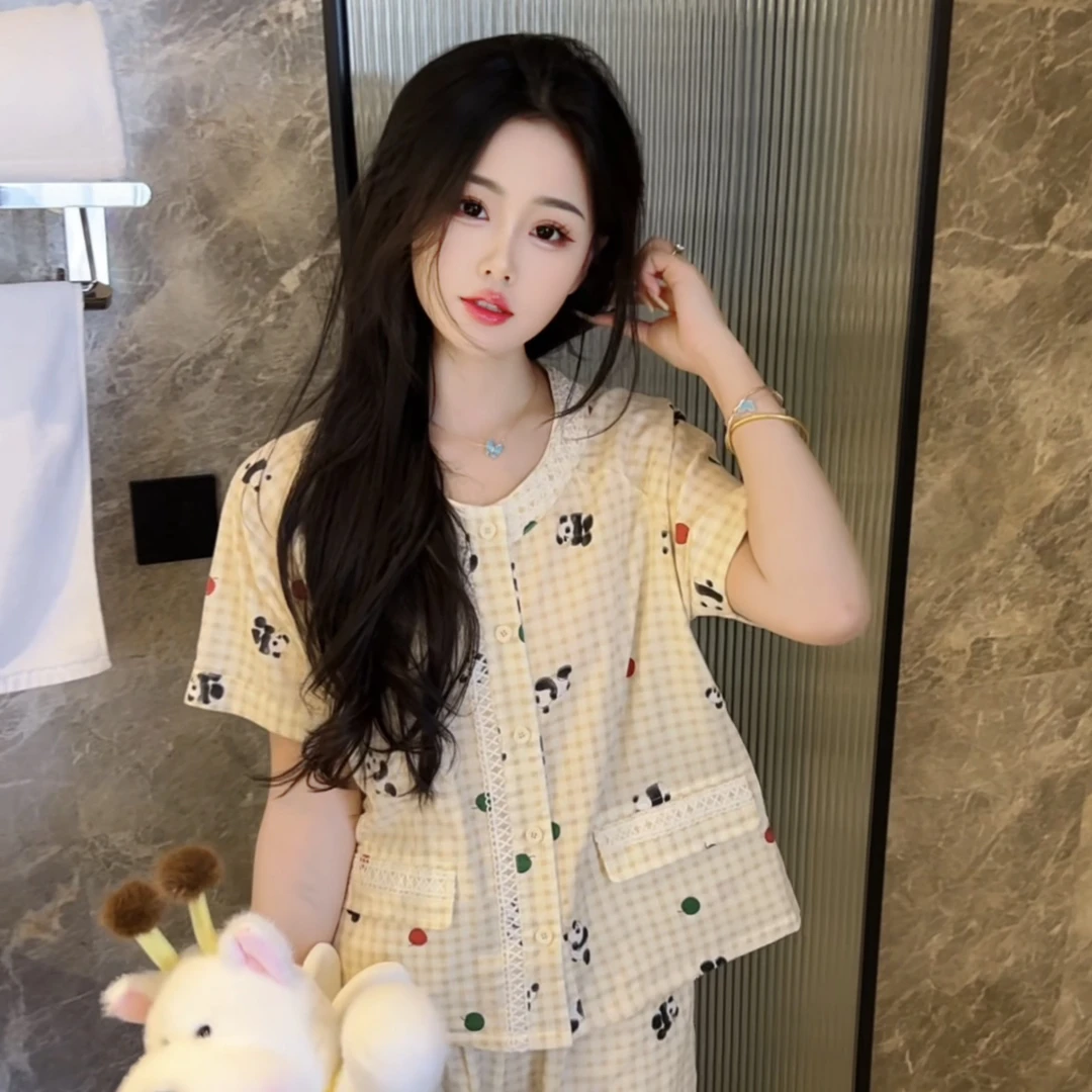 （熊猫点点）夏季休闲显瘦纯棉亲肤透气睡衣女短袖家居服可外穿宽松