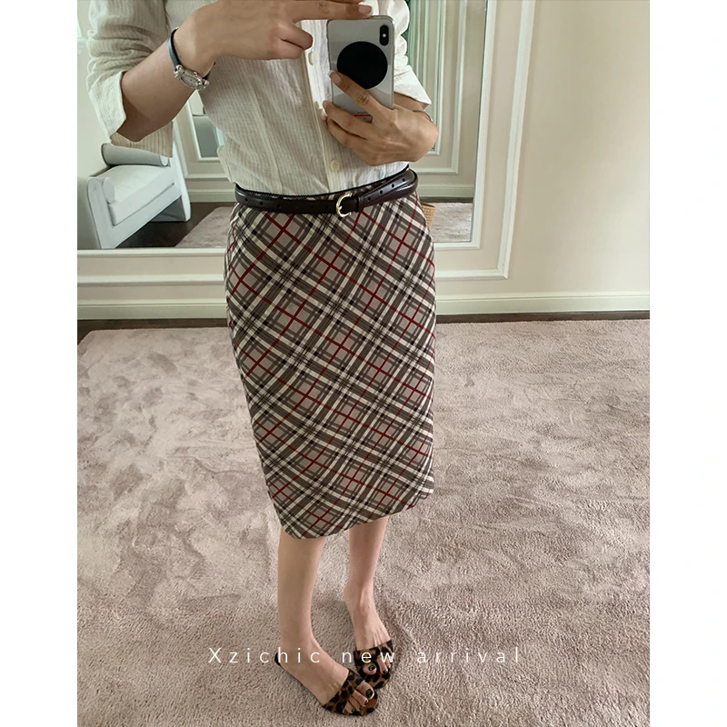 Xzichic100莱赛尔半身裙复古格纹裙子女2025夏季新款显瘦包臀裙