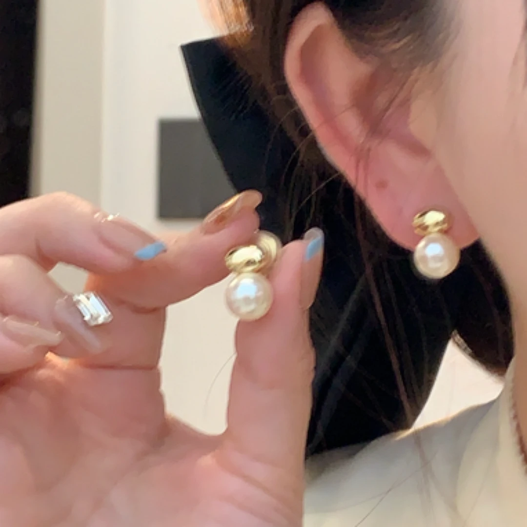 铜合金仿珍珠耳饰 拼接金属珠珠耳环耳夹无耳洞蚊香盘高级感耳钉