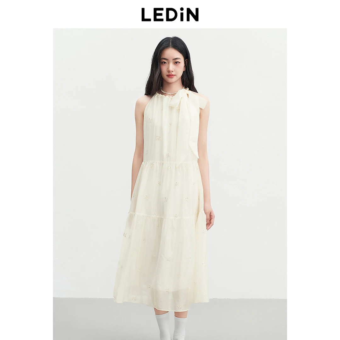 乐町重工绣花挂脖长裙夏新款编织领吊带裙可拆蝴蝶系带无袖连衣裙