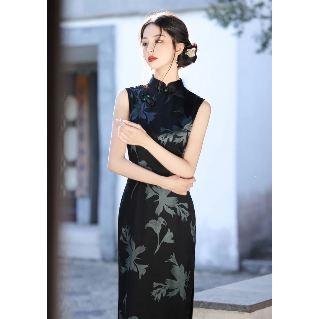 黑色复古新中式无袖大花旗袍2025年春夏季新款日常可穿老上海国风