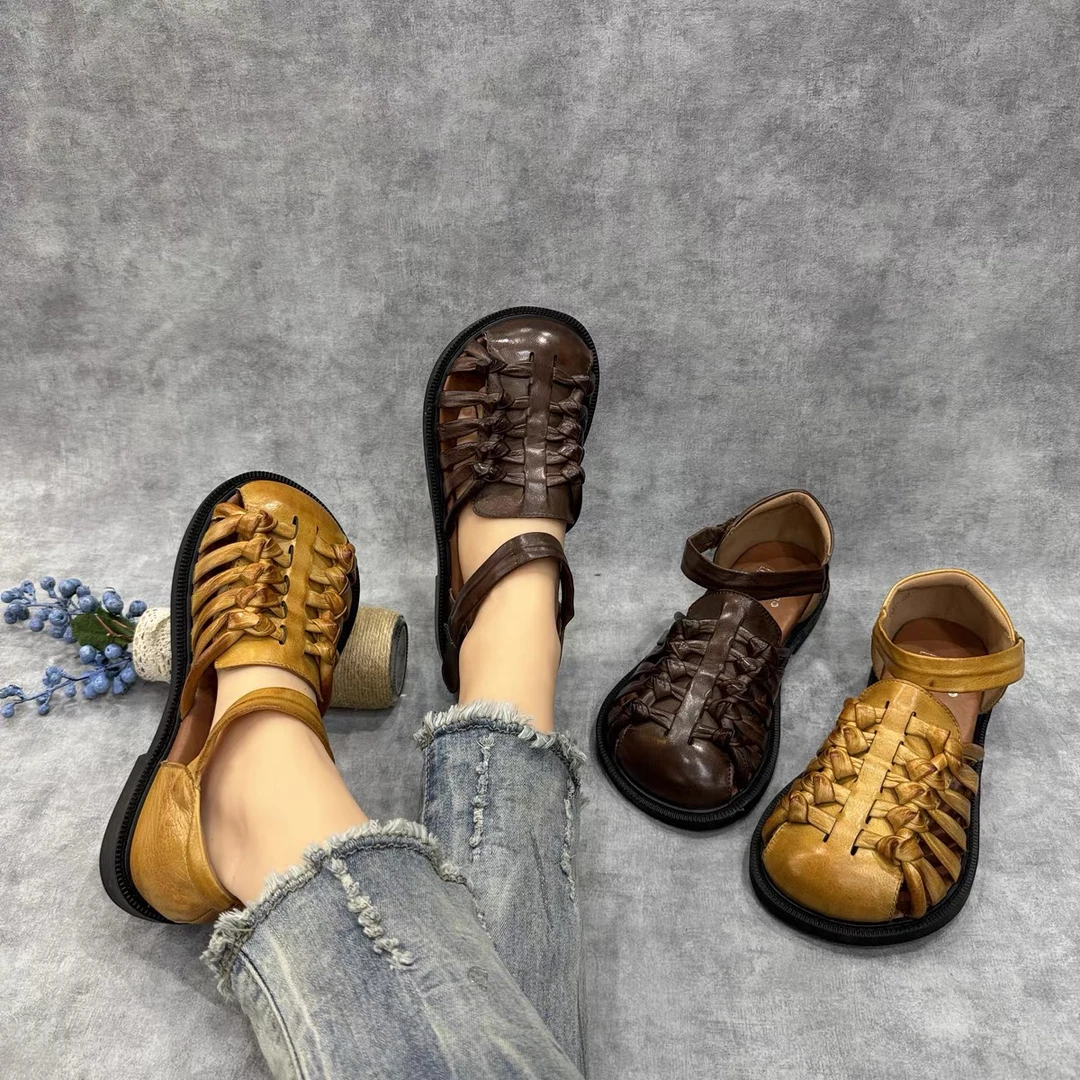 6280-66春夏真皮新款时尚休闲手工编织复古软底包头凉鞋