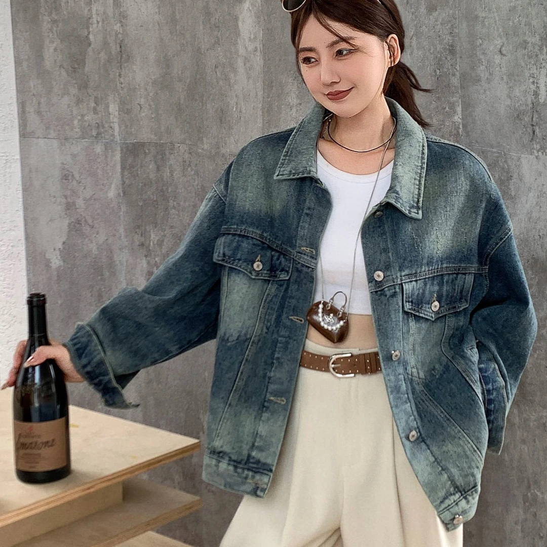 A931长袖水洗女常规纯色INS风短外套做旧拼接百搭韩版