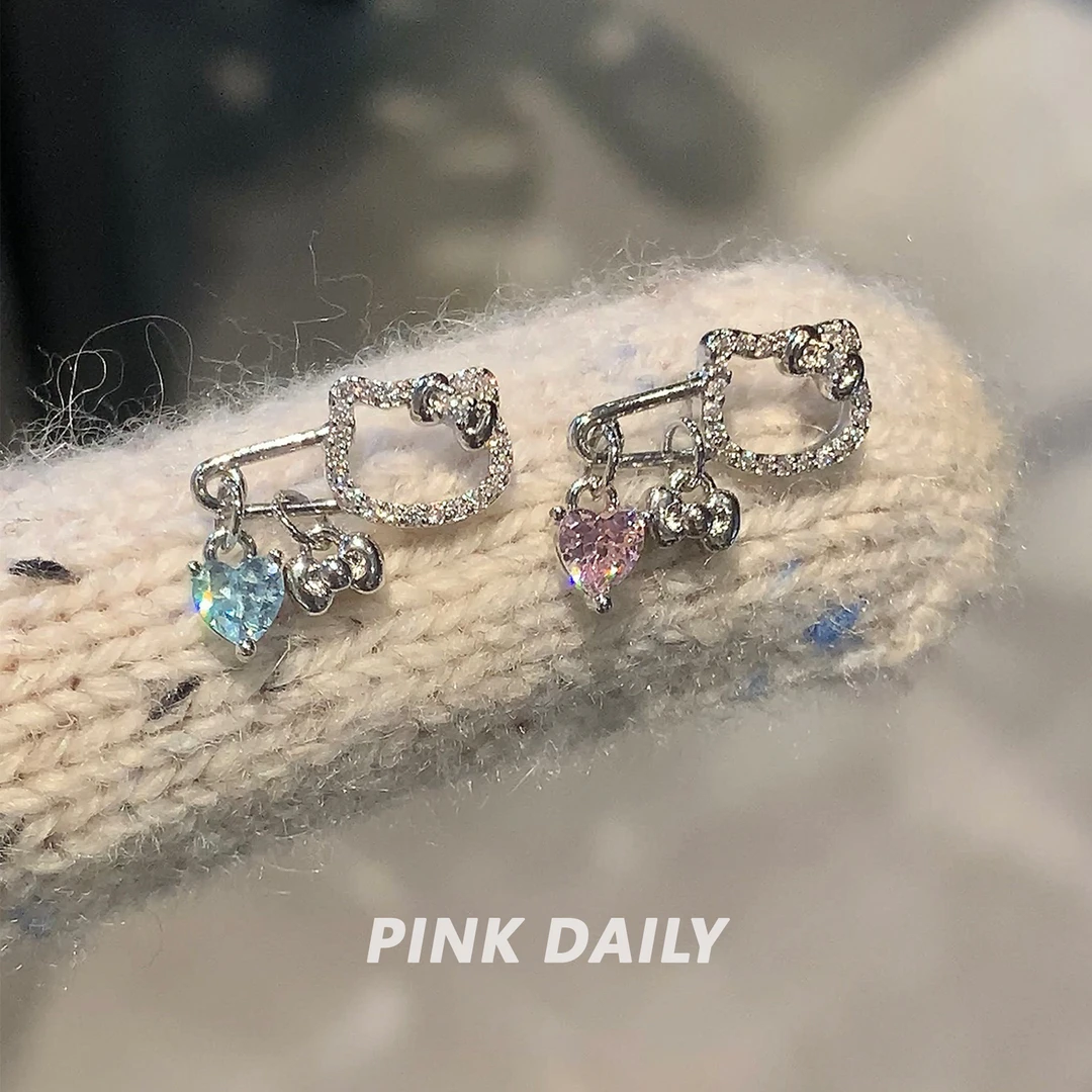 钛钢锆石耳饰 Pink Daily超闪锆石爱心kt猫别针吊坠耳钉甜美可爱
