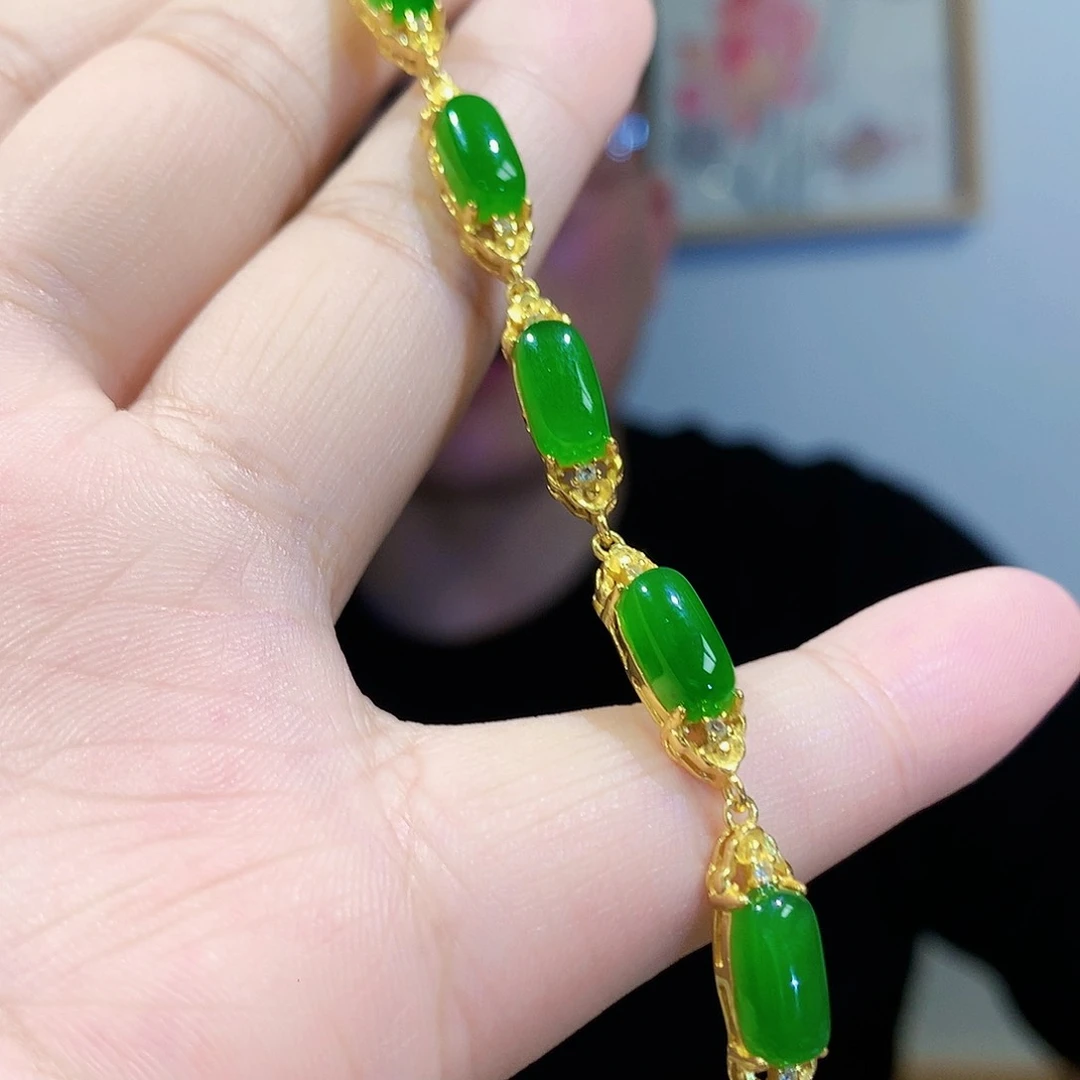 和田玉（碧玉）手链银S925镀金镶嵌