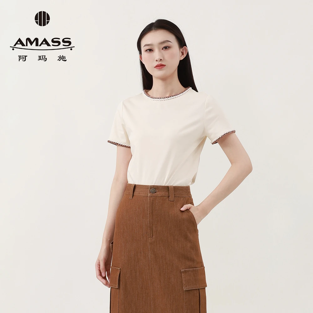 AMASS/阿玛施 25年新款气质休闲百搭民族风纯色短袖圆领T恤530054