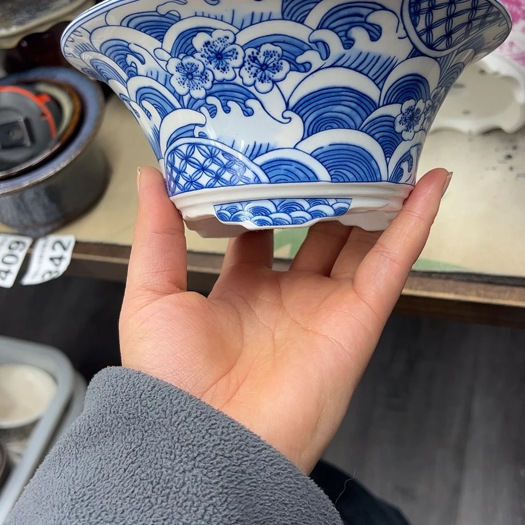 连***清花盆紫砂405号瑕疵17/7cm仿手绘海浪花纹