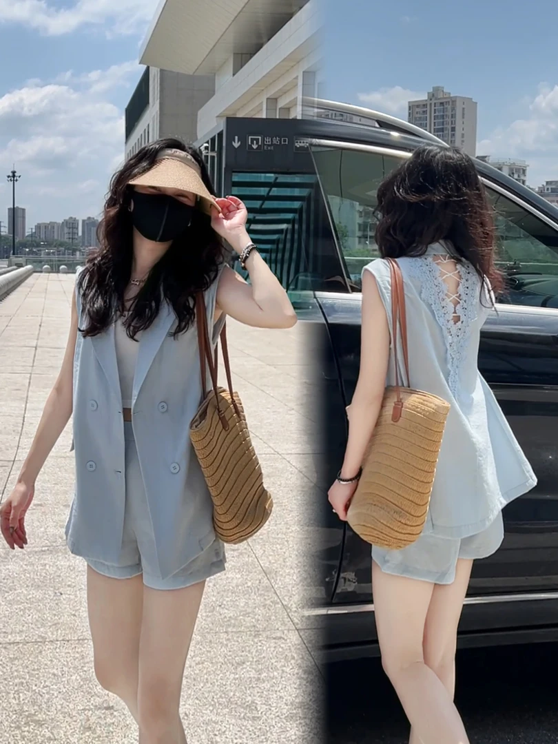 无袖时尚蕾丝露背气质爆款清凉套装2025夏季新款