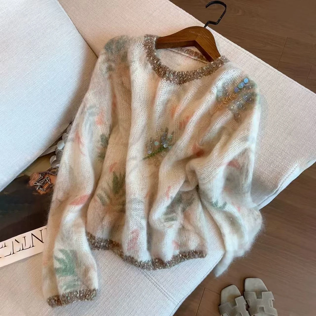 【叶影亮片】秋季新款米色韩版气质设计感轻奢风长袖针织衫上衣女