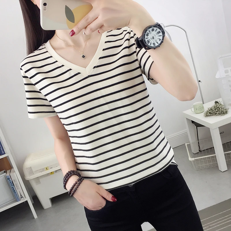 棉质夏季2025新款韩版短袖t恤女宽松条纹体恤衫大码百搭半袖上衣
